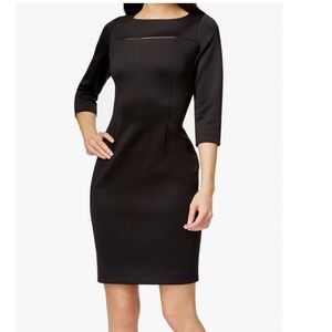 Calvin Klein Scuba Bodycon Peekaboo 3/4 Sleeve Black Dress 14 Cocktail LBD Party